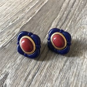 1960s Disney Princess Style Ornate Royal Blue Gold & Maroon Clip On Earrings